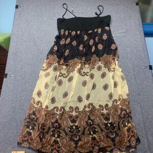 ZARA Basic Women's Dress Size L Black Beige Brown Boho Paisley Spaghetti Strap